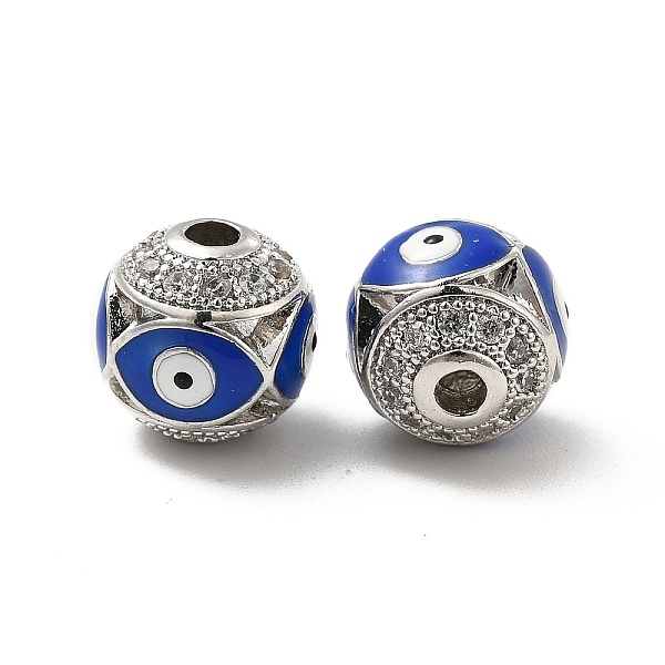 

PandaHall Brass Micro Pave Cubic Zirconia Beads, Round with Enamel Evil Eye, Platinum, Royal Blue, 10x9.5mm, Hole: 1.6mm Brass+Enamel Round