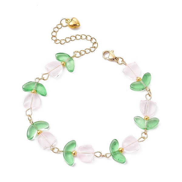 

PandaHall Glass Flower Beaded Bracelets, with 304 Stainless Steel Chains, Golden, 7-1/2 inch(19.1cm) Glass Flower