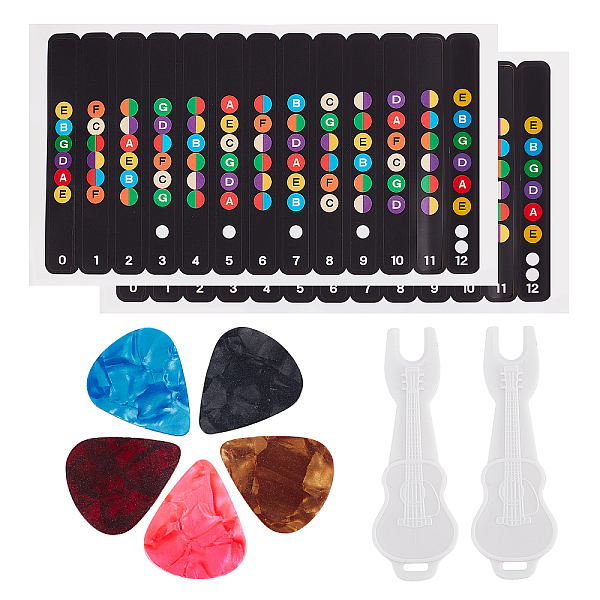PandaHall Gorgecraft Plastic Guitar Pick, Nail Picker and Plastic Self-Adhesive Guitar Fretboard Note Map Sticker Labels, Mixed Color...