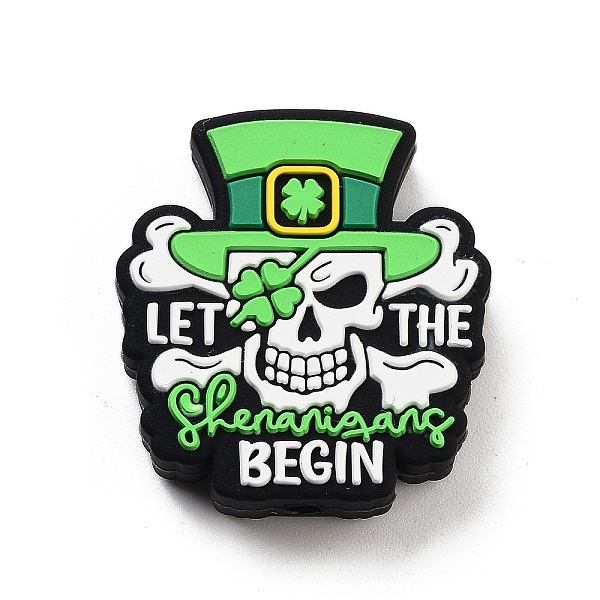 

PandaHall Saint Patrick's Day Food Grade Eco-Friendly Silicone Focal Beads, Skull with Word Let The Shenanigans Begin, DIY Nursing Necklaces...