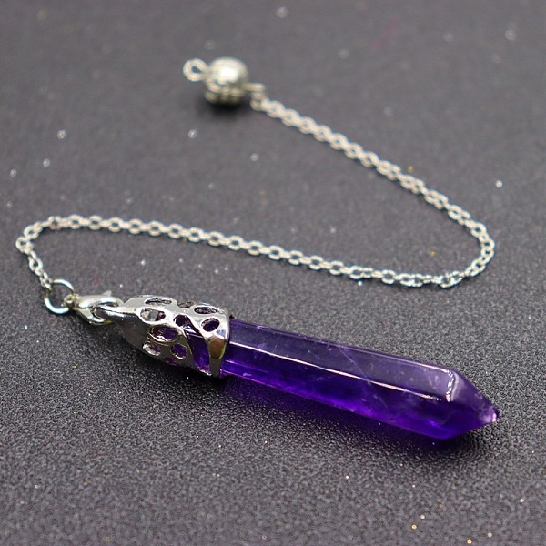 

PandaHall Natural Amethyst Dowsing Pendulums, with Alloy Findings, Cone, 510~800mm Amethyst Cone