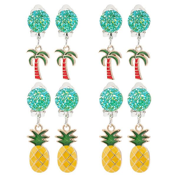 

PandaHall ARRICRAFT 4 Pairs 2 Style Coconut Tree & Pineapple Enamel Dangle Clip-on Earring, Platinum Alloy Non-piercing Jewelry for Women..., Multicolor