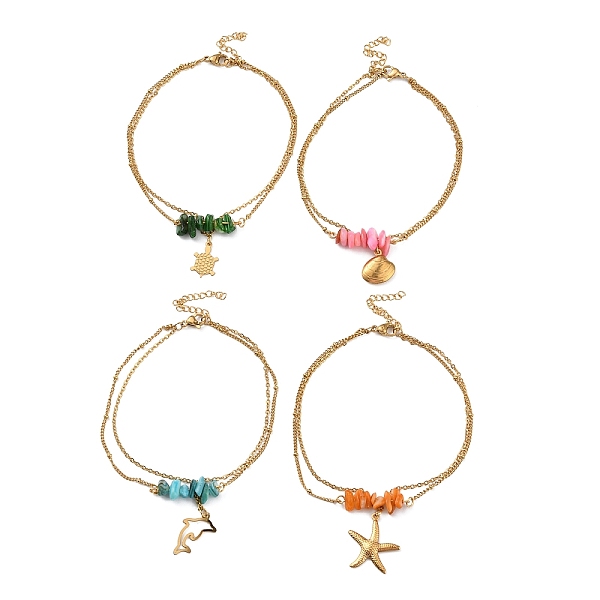 

PandaHall Dyed Natural Shell Chips Charms Anklet, Golden 304 Stainless Steel Chains Double Layer Anklet, Mixed Shapes, 8-7/8 inch(22.5cm)..., Multicolor