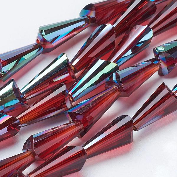 

PandaHall Electorplated Glass Beads, Rainbow Plated, Faceted, Cone, Dark Red, 16x8mm, Hole: 1mm Glass Cone Red