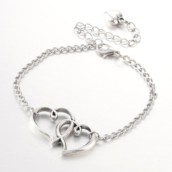 PandaHall Heart to Heart Tibetan Style Alloy Link Anklets, with Iron Chains and Alloy Lobster Claw Clasps, Antique Silver, 225x3mm Alloy