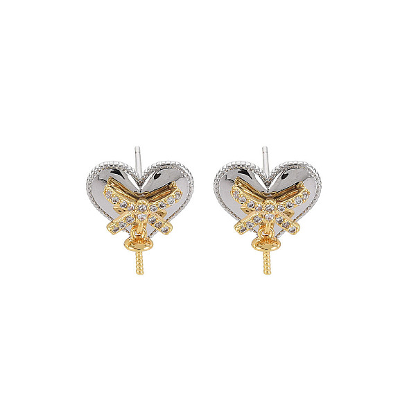 

PandaHall Brass Micro Pave Clear Cubic Zirconia Stud Earring Findings, for Half Drilled Beads, Nickel Free, Heart with Bowknot, Platinum...