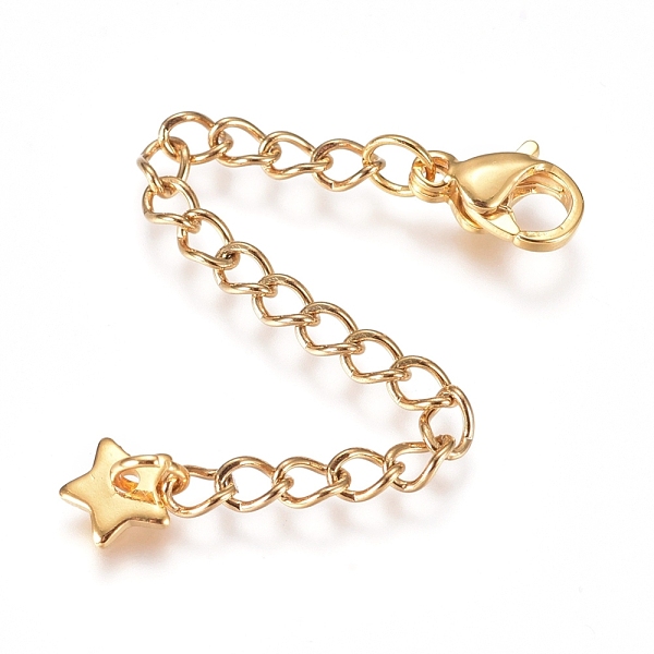

PandaHall 304 Stainless Steel Chain Extender, with Lobster Claw Clasps and Charms, Star, Golden, 65mm, Link: 4x3x0.4mm, Clasp: 9.2x6.2x3.3mm...