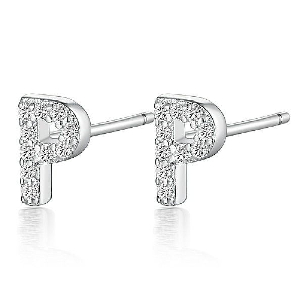 

PandaHall Rhodium Plated 925 Sterling Silver Initial Letter Stud Earrings, with Cubic Zirconia, Platinum, Letter P, 5x5mm Sterling Silver..., Clear