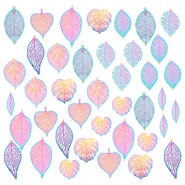 

PandaHall 40Pcs 10 Style Ion Plating(IP) 201 Stainless Steel Filigree Big Pendants, Etched Metal Embellishments, Leaf, Rainbow Color...