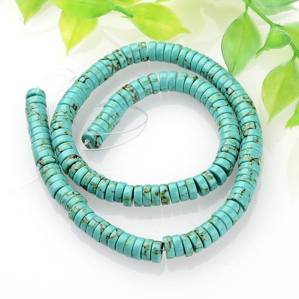 

PandaHall Dyed Synthetic Turquoise Beads Strands, Heishi Beads, Flat Round/Disc, Turquoise, 3x8mm, Hole: 1mm, about 143pcs/strand, 15.7 inch..., Green