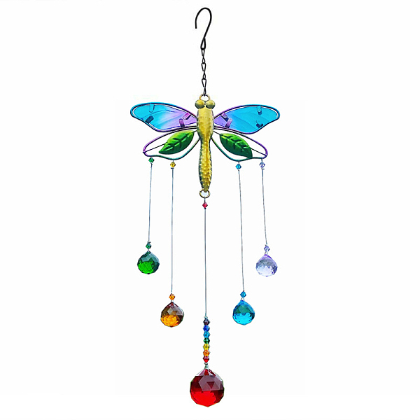 

PandaHall Glass Teardrop Pendant Decoration, with Iron Findings and Alloy Dragonfly Link for Home Garden Decoration, Colorful, 410x148mm...