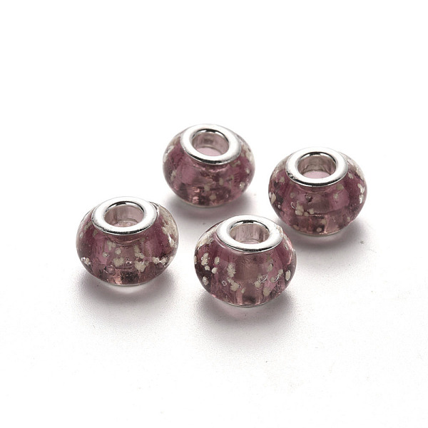 

PandaHall Handmade Luminous Lampwork European Beads, Glow In The Dark, Large Hole Beads, with Platinum Tone Brass Double Cores, Rondelle...