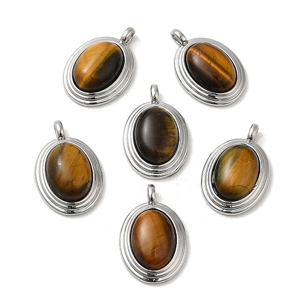 

PandaHall Natural Tiger Eye Pendants, Brass Oval Charms, Real Platinum Plated, 23x15x7mm, Hole: 3x2mm Tiger Eye Oval
