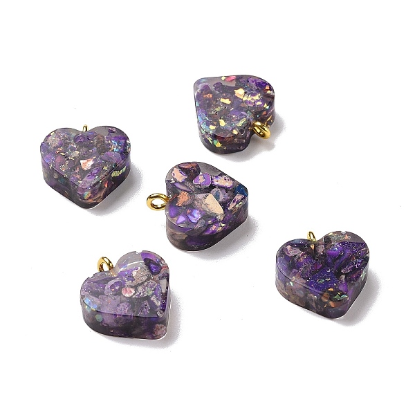 

PandaHall Transparent Resin Natural Imperial Jasper Dyed Chips Pendants, with Golden Tone Brass Loops, Heart Charm, Indigo..., Purple