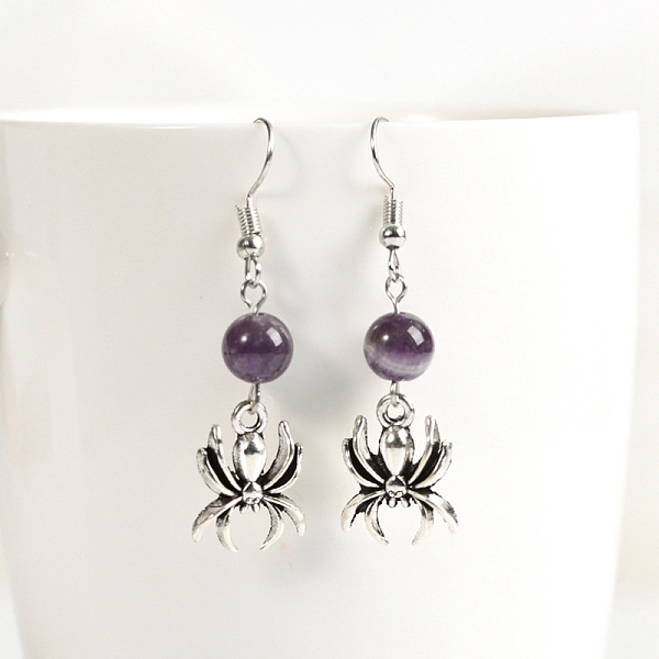 

PandaHall Natural Amethyst Dangle Earrings, Alloy Halloween Spider Jewelry for Women, 46x8mm Amethyst Spider