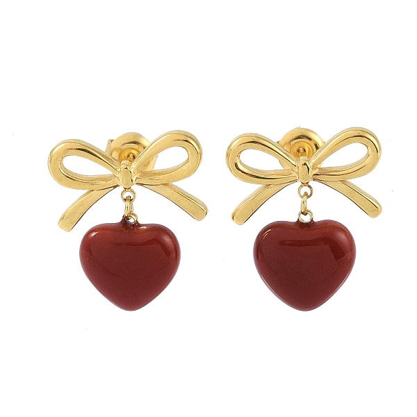 

PandaHall Bowknot 304 Stainless Steel Studs Earrings, Heart Enamel Dangle Earrings for Women, Dark Red, 22x19mm 304 Stainless Steel Bowknot
