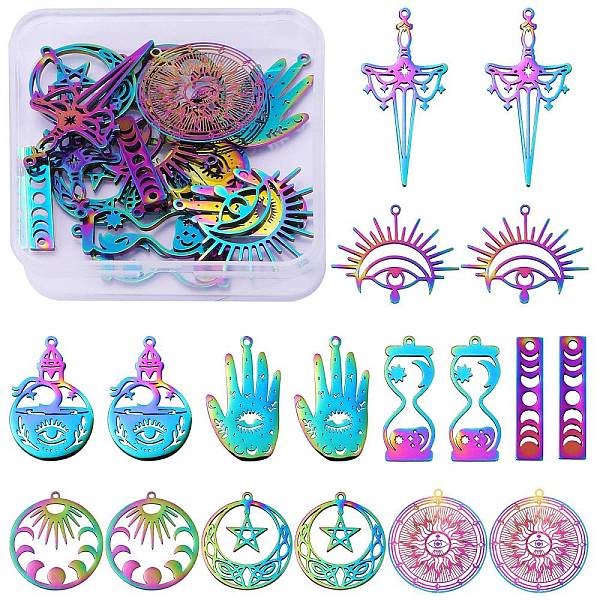 

PandaHall 18Pcs 9 Style Ion Plating(IP) 201 Stainless Steel Filigree Pendants, Etched Metal Embellishments, Mixed Shape, Rainbow Color...