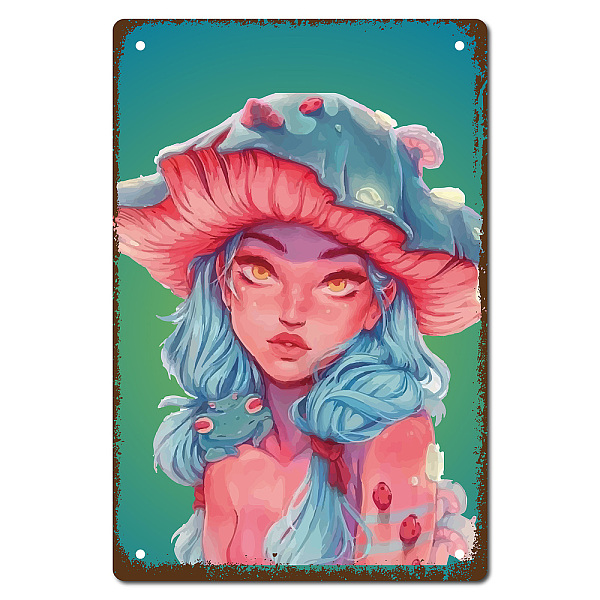 PandaHall CREATCABIN Mushroom Girl Metal Tin Sign Poster Vintage Retro Wall Art Decor Hanging Iron Painting Plaques for Home Kitchen Bedroom...