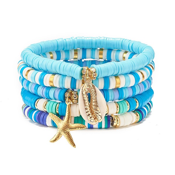 

PandaHall 5Pcs 5 Style Polymer Clay Heishi Surfer Stretch Bracelets Set, Cowrie Shell & Starfish Charm Preppy Bracelets for Women, Mixed..., Multicolor