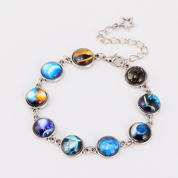 

PandaHall Tibetan Style Alloy Starry Sky Printed Glass Link Bracelets, with Zinc Alloy Lobster Claw Clasps and Iron End Chains, Antique..., Blue