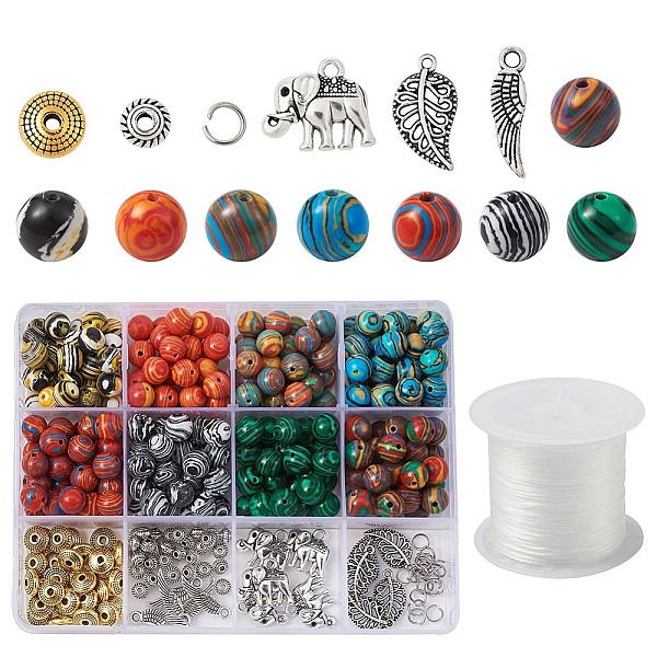 

PandaHall DIY Jewelry, with Synthetic Malachite Beads, Tibetan Style Alloy Findings, 304 Stainless Steel Jump Rings and Elastic Fibre Wire..., Multicolor