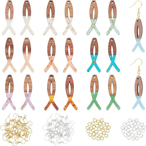 

PandaHall Olycraft DIY Earring Making Kit, Including 20Pcs Resin & Walnut Wood Jesus Fish Pendants, with Gold Foil, 40Pcs Brass Earring..., Multicolor