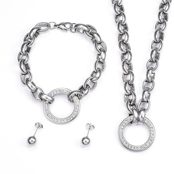 

PandaHall 304 Stainless Steel Jewelry Sets, Necklaces & Link Bracelets & Stud Earrings, with Rhinestone, Flat Round, Stainless Steel Color...