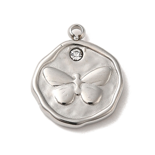 

PandaHall 304 Stainless Steel Pendants, with Crystal Rhinestone, Flat Round with Butterfly, Stainless Steel Color, 15x12.5x2mm, Hole: 1.4mm..., Clear