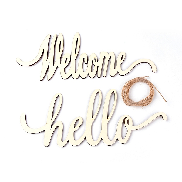 PandaHall Hello Welcome Pendant Decorations, with Hemp Rope, for Craft Projects, Hanging Decoration, Home Decoration, Blanched Almond...