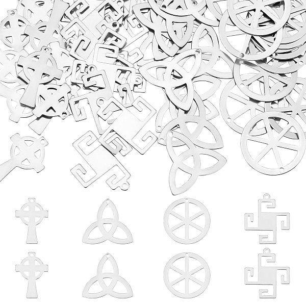 PandaHall DICOSMETIC 80Pcs 4 Style 201 Stainless Steel Pendants, Wheel & Cross, Stainless Steel Color, 26~30.5x19.5~28x0.5~0.7mm, Hole...