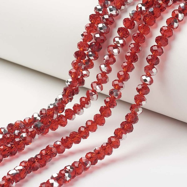 PandaHall Electroplate Transparent Glass Beads Strands, Half Silver Plated, Faceted, Rondelle, Red, 6x5mm, Hole: 1mm, about 92~94pcs/strand...
