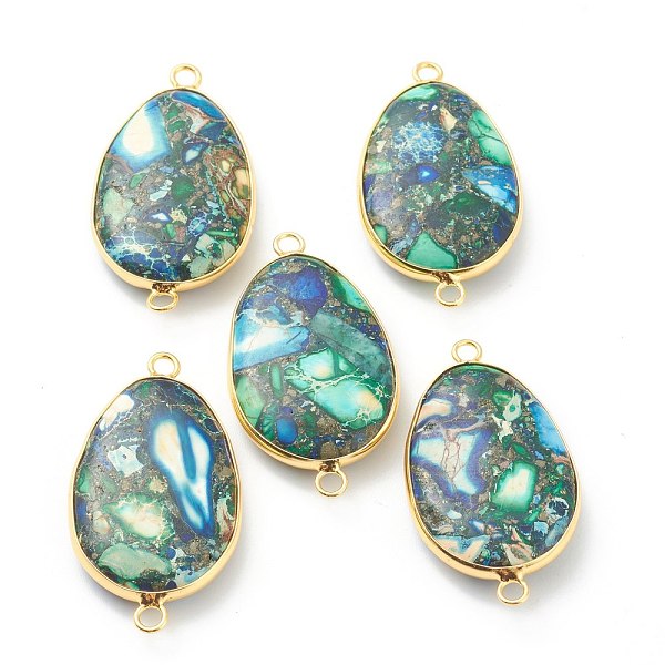 

PandaHall Natural Imperial Jasper Link Connectors, Dyed & Heated, with Golden Brass Edges, Flat Oval, 30~39x17~21x6~6.5mm, Hole: 1~2mm..., Green