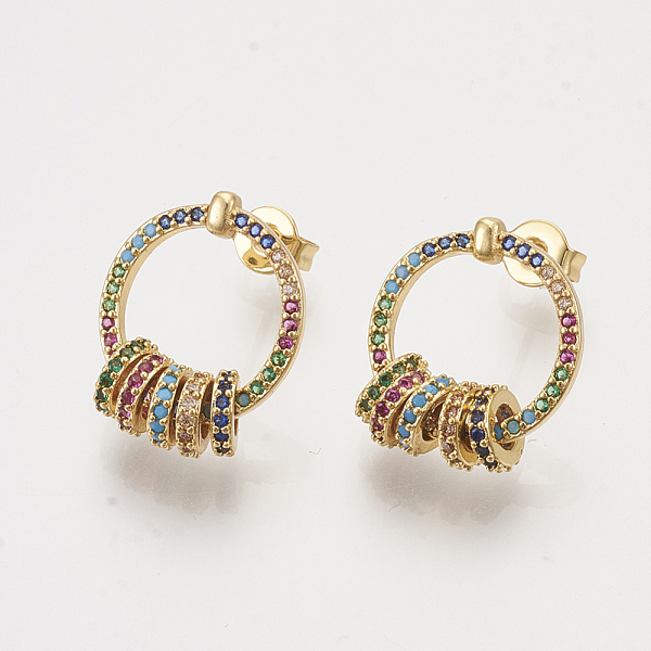 

PandaHall Brass Cubic Zirconia Stud Earrings, with Ear Nuts, Ring, Colorful, Golden, 18x14mm, Pin: 0.7mm Cubic Zirconia