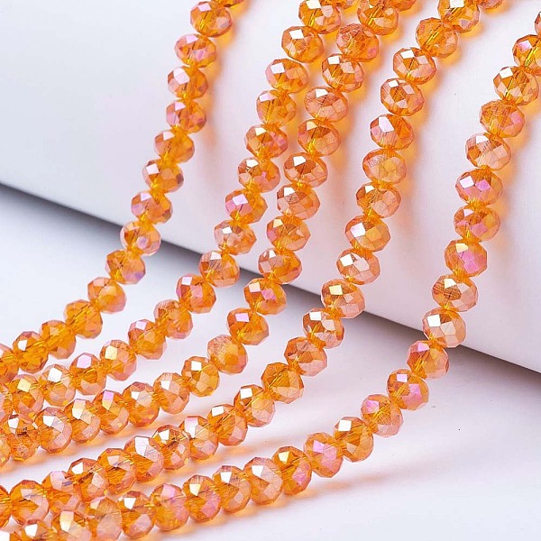 

PandaHall Electroplate Glass Beads Strands, AB Color Plated, Faceted, Rondelle, Dark Orange, 4x3mm, Hole: 0.4mm, about 123~127pcs/strand...