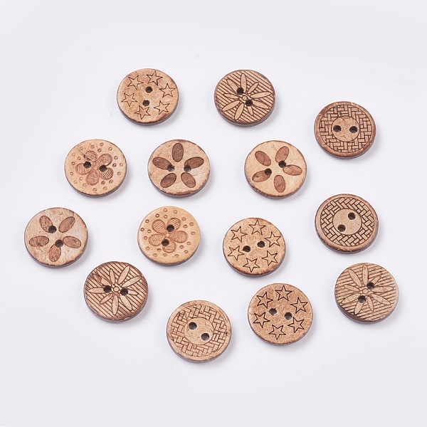 

PandaHall Wooden Buttons, 2-Hole, Flat Round, Mixed Pattern, Saddle Brown, 17.5~18x3mm, Hole: 2mm Wood Flat Round Brown