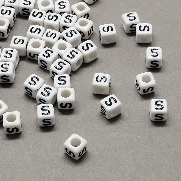

PandaHall Large Hole Acrylic Letter European Beads, Horizontal Hole, White & Black, Cube with Letter.S, 7~8x7~8x7~8mm, Hole: 4mm, about...
