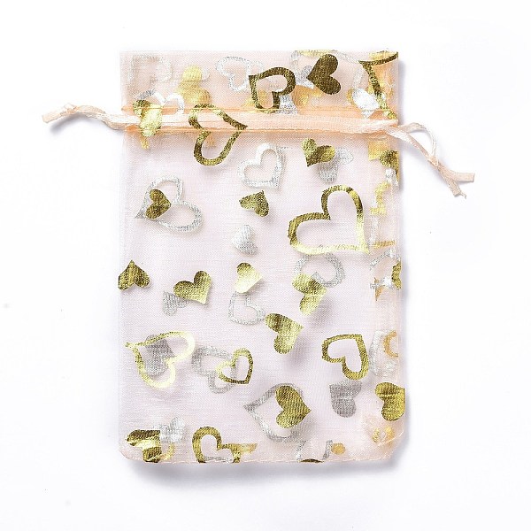 

PandaHall Organza Drawstring Jewelry Pouches, Wedding Party Gift Bags, Rectangle with Gold Stamping Heart Pattern, PeachPuff, 15x10x0.11cm..., Brown