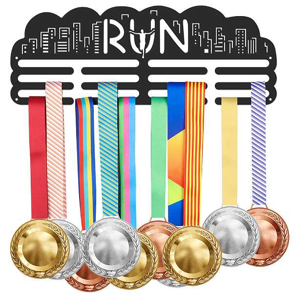 

PandaHall Fashion Iron Medal Hanger Holder Display Wall Rack, 3 Line, with Screws, Word Run, Building Pattern, 150x400mm Iron Building