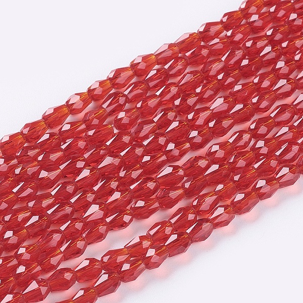 

PandaHall Faceted Glass Beads Strands, teardrop, FireBrick, 5x3mm, Hole: 0.5mm, about 85~95pcs/strand, 16.5~18.7 inch(42~47.5cm) Glass..., Red