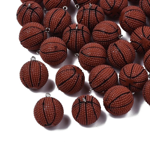 

PandaHall Opaque Resin Pendants, Sports Charms, with Platinum Tone Iron Loop, Basketball Shape, Saddle Brown, 26~28x22mm, Hole: 2mm..., Orange