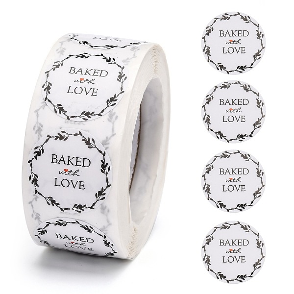 

PandaHall Baked with Love Stickers, Self-Adhesive Paper Gift Tag Stickers, for Party, Decorative Presents, Word, 24.5mm, 500pcs/roll Paper..., White