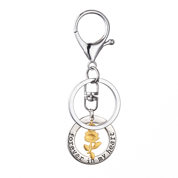 

PandaHall Alloy Keychain, with Rose Flower Pendants & Lobster Clasps & Split Key Rings, Platinum & Golden, 89mm Alloy Flat Round