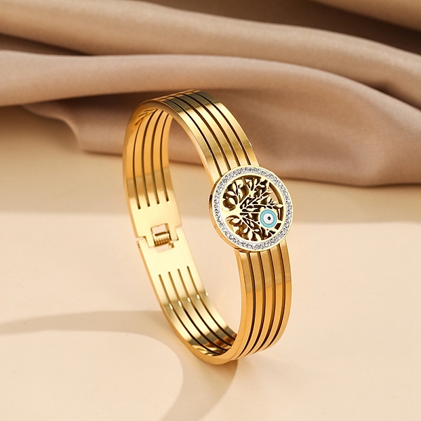 

PandaHall Crystal RhinestoneTree of Life with Enamel Evil Eye Hinged Bangle, 304 Stainless Steel Jewelry for Women, Golden, Inner Diameter...