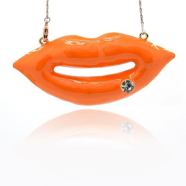 

PandaHall Alloy Enamel Pendants, Makeup Pendants, with Crystal Rhinestones, Lip, Golden Metal Color, Orange Red, 36x90x2mm, Hole: 2.5mm...