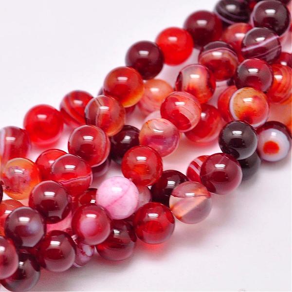 

PandaHall Natural Striped Agate/Banded Agate Bead Strands, Dyed & Heated, Round, Grade A, FireBrick, 8mm, Hole: 1mm, about 48pcs/strand..., Red