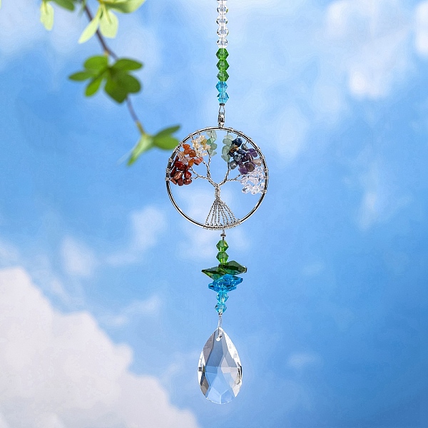 

PandaHall Tree of Life Crystal Pendant Decorations, with Metal Findings, for Home, Garden Decoration, Colorful, 320x50mm Glass Tree of Life