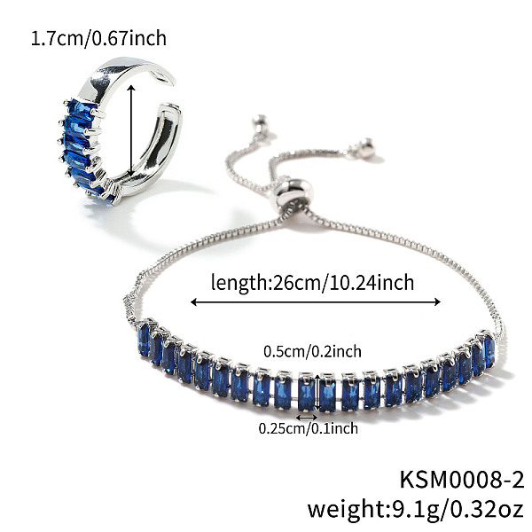 Ensemble élégant de bracelets coulissants et de bagues manchettes en laiton avec strass rectangulaires