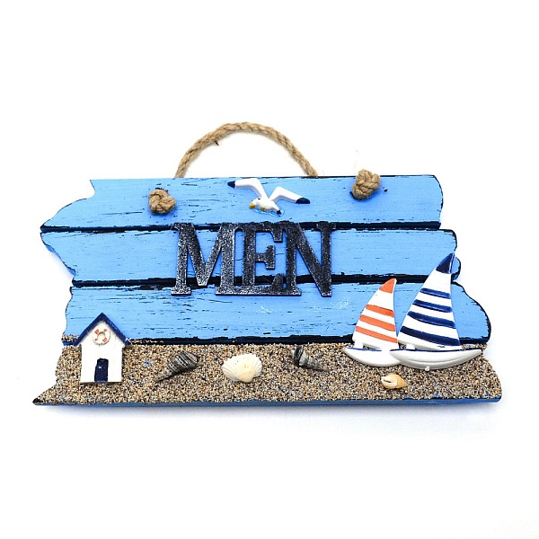 

PandaHall Mediterranean Style MDF Hanging Plate, with Hemp Cord, Word Men for Bathroom Toilet Decoration, Deep Sky Blue, 160mm Wood Others