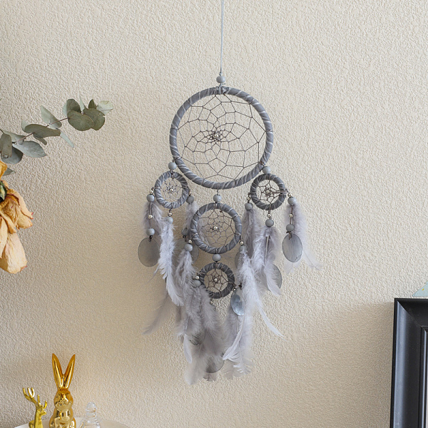 

PandaHall Woven Web/Net with Feather Pendant Decorations, with Polyester Cord and Iron Finding, Gray, 460x160x5mm Feather Others Gray