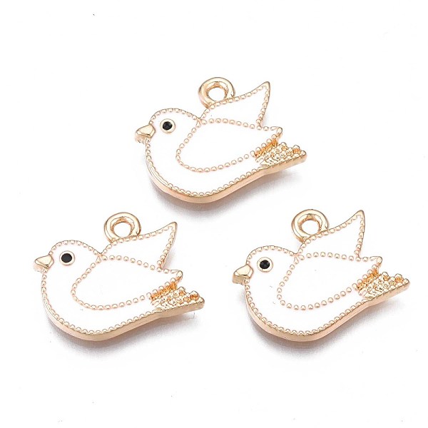 

PandaHall Rack Plating Alloy Enamel Bird Pendants, Cadmium Free & Nickel Free & Lead Free, Light Gold, Pigeon, Snow, 14x17x2mm, Hole: 1.6mm..., White
